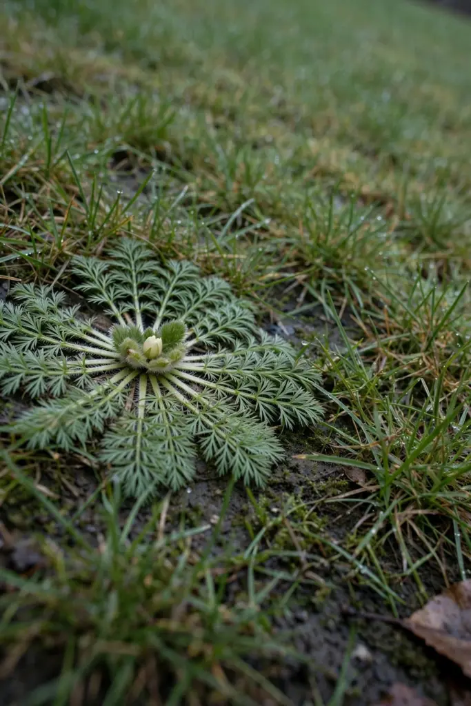 Flat bindii rosette with carrot-like leaves on a Couch lawn in winter