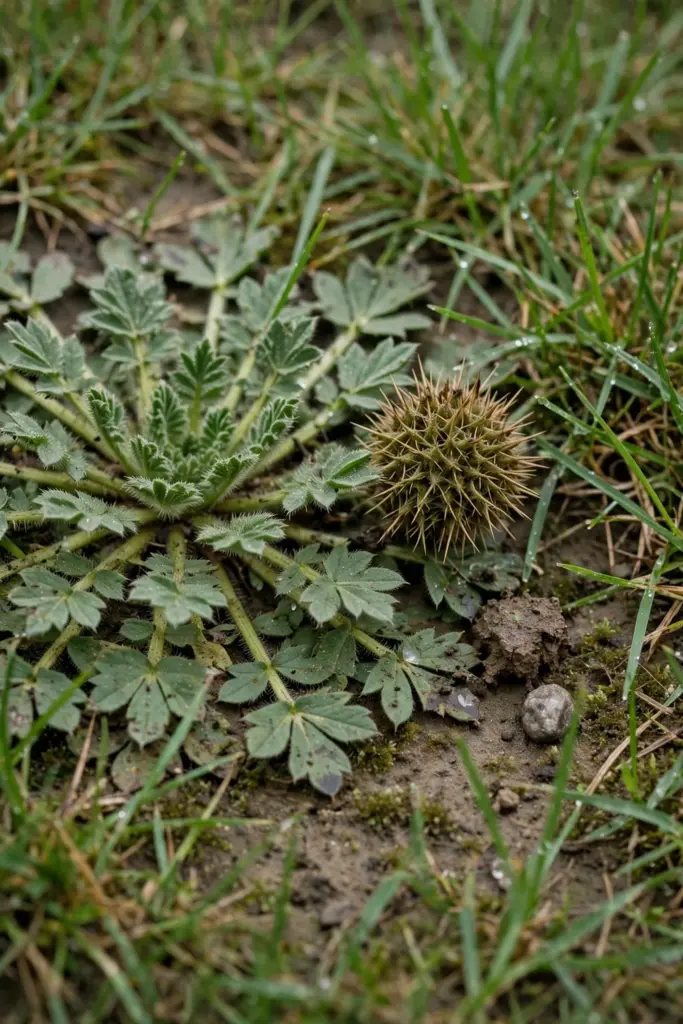 Bindii weed with spiky seed heads growing low inside a green lawn