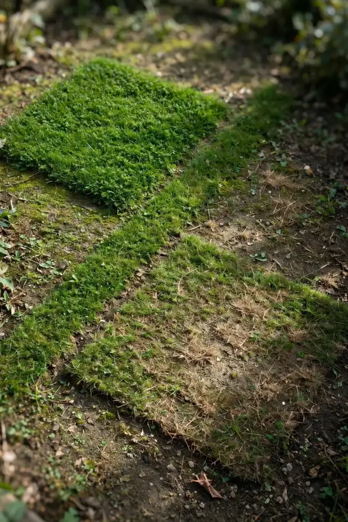 Two lawn trial squares divided by a strip of healthy green grass.