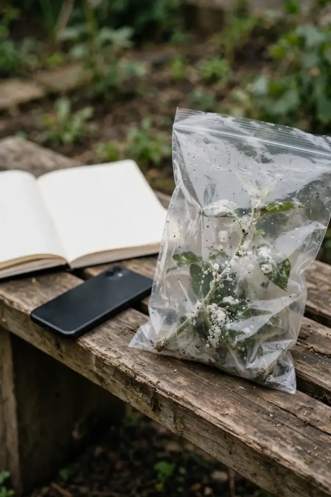 Bagged infested cutting beside a notebook with a phone on a bench