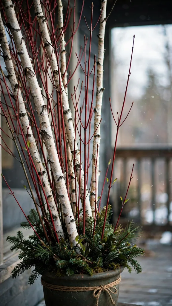 Tall birch poles and red dogwood stems rising from a Christmas urn
