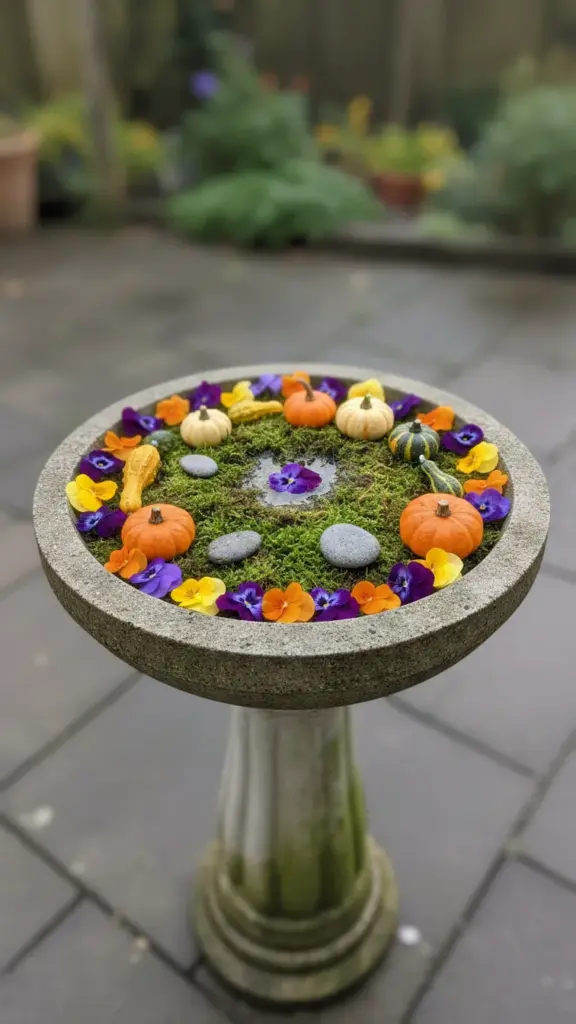 Birdbath basin filled with moss, mini pumpkins, gourds, and pansy heads