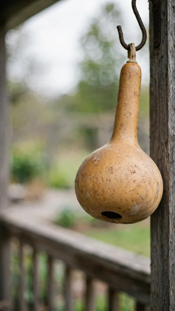 Dried birdhouse gourd with a long neck hanging from a hook on a porch post