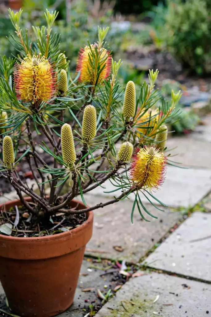 Dwarf birthday candles banksia with gold spikes tipped red in a terracotta pot