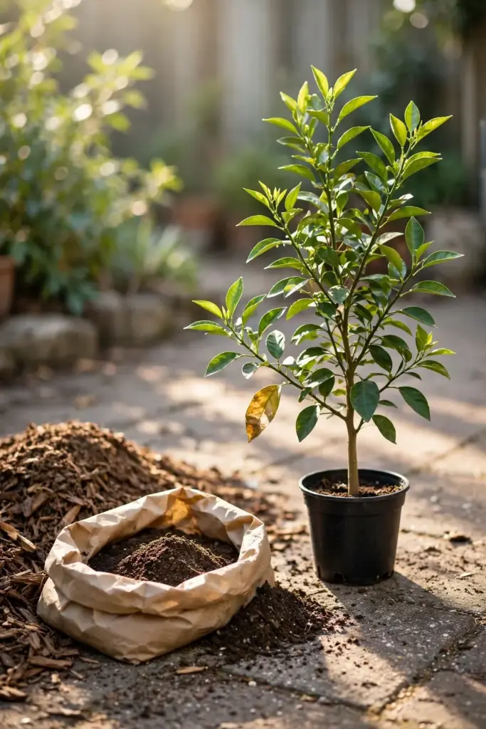Young potted bitter orange tree on a patio with potting supplies nearby