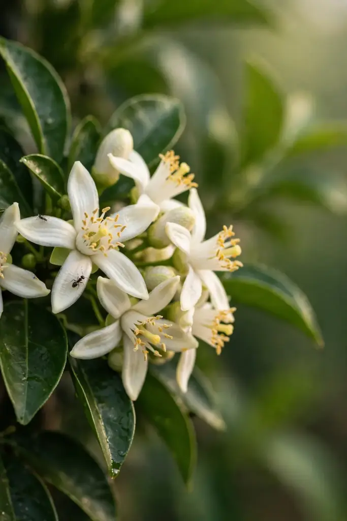 Fragrant white bitter orange blossoms among glossy dark leaves