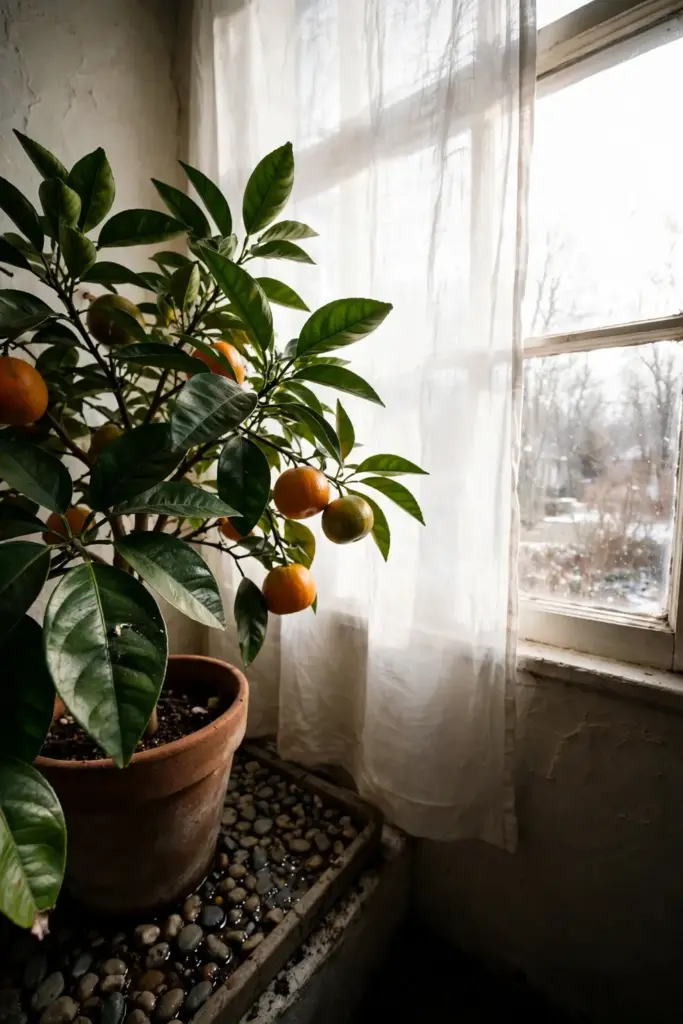Potted bitter orange tree overwintering before a bright south window indoors