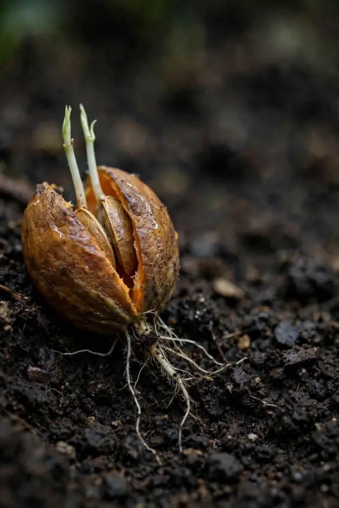 Split bitter orange seed with twin sprouts emerging from one seed coat