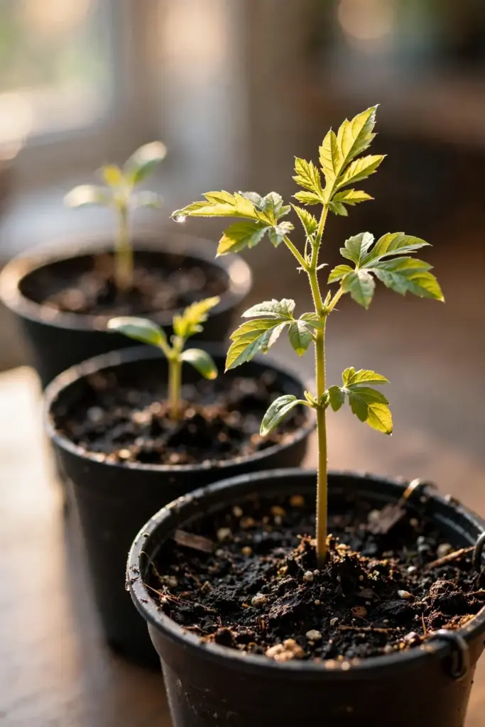 Bitter orange seedlings at successive stages in small nursery pots