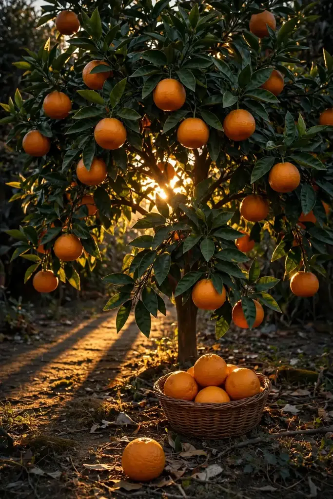 Mature bitter orange tree heavy with fruit glowing at low warm backlight
