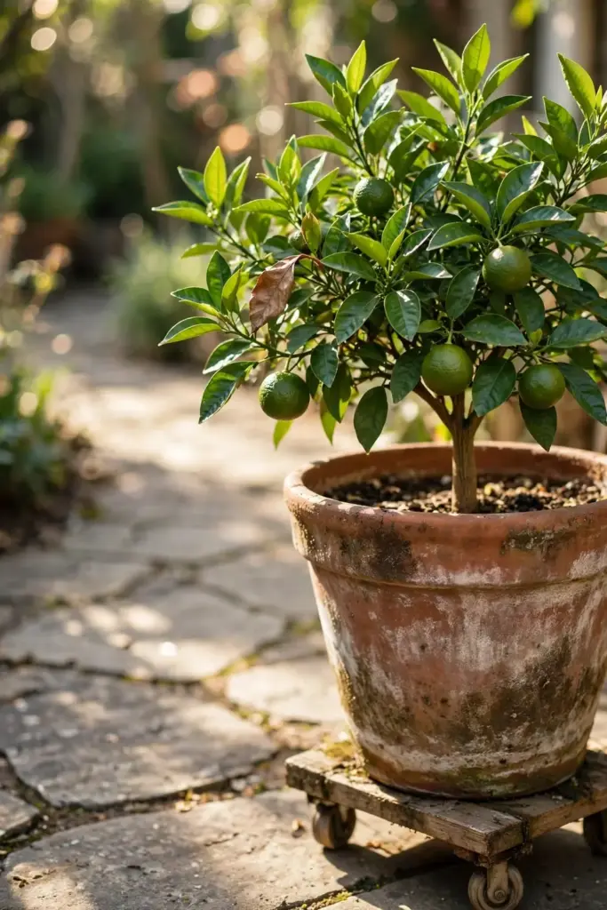 Bitter orange tree in a large terracotta pot on a sunny patio
