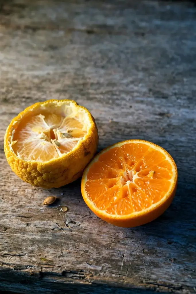 Halved bitter orange beside halved sweet orange showing thick versus thin peel