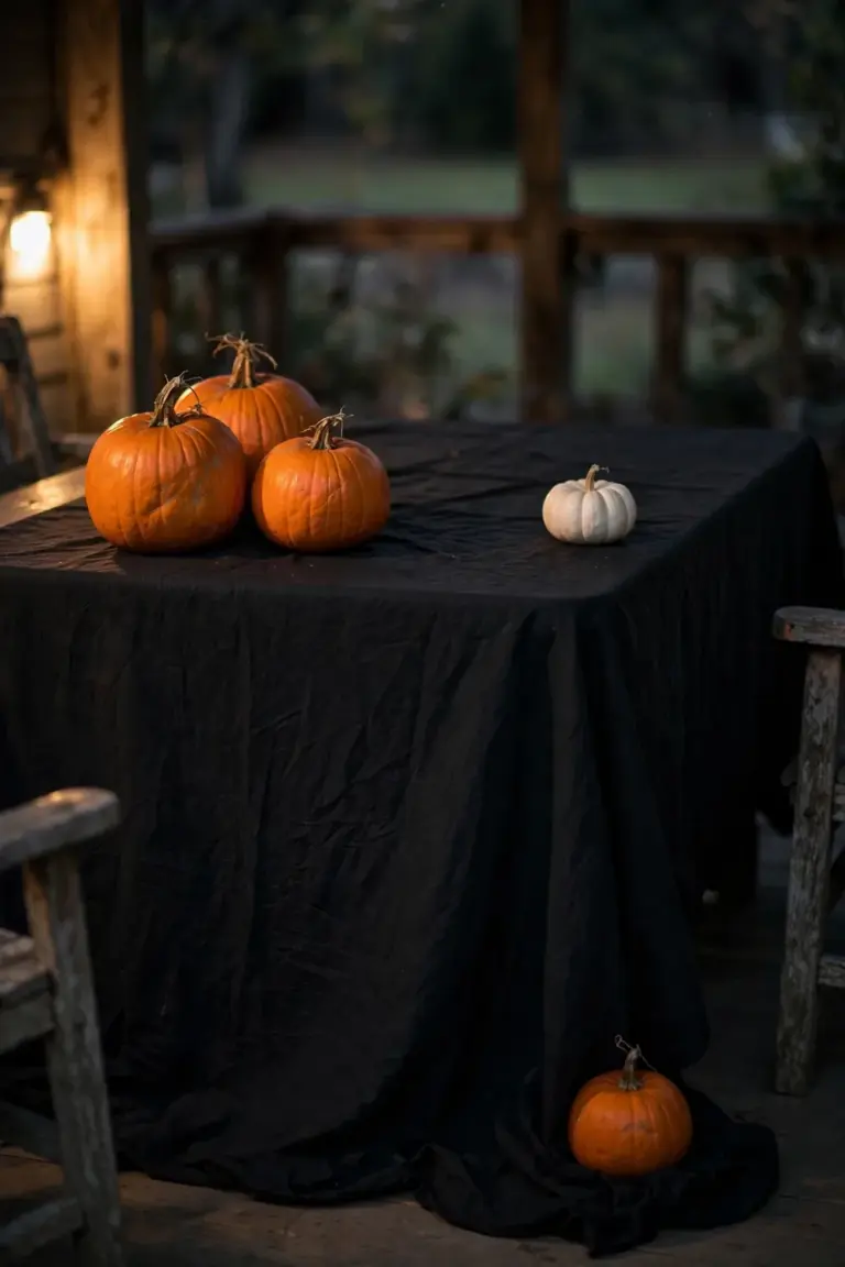 A porch table under a black floor-length cloth with orange pumpkins clustered on top