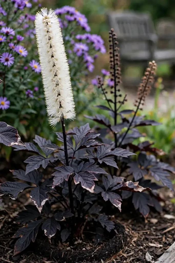 Brunette black cohosh white bottlebrush spikes rising above dark foliage