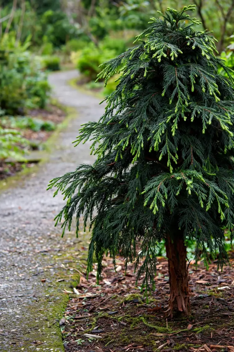 Compact 'Black Dragon' Japanese cedar with very dark green feathery foliage beside a path