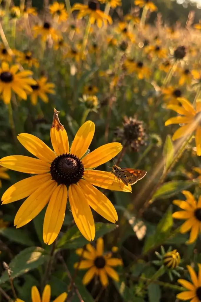 Golden black-eyed Susan daisies with dark centres in a drift