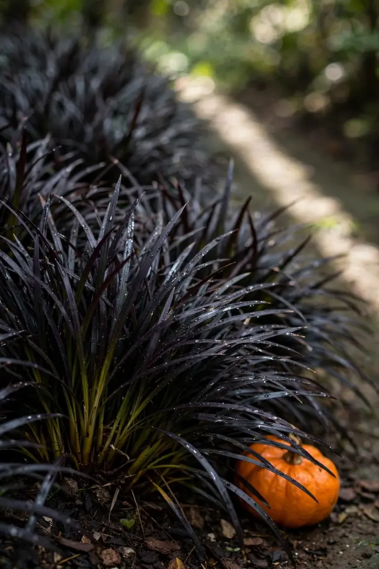 Black mondo grass carpet of near-black strap leaves edging a shady bed