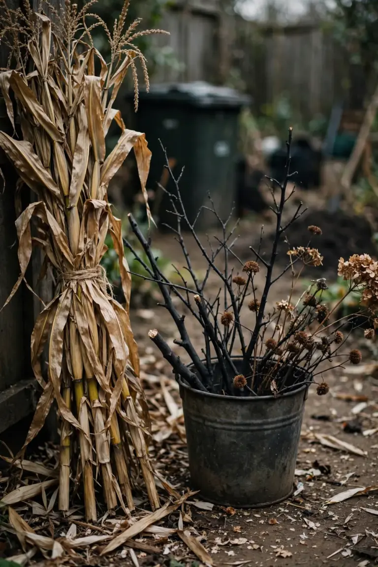 Bundles of dried cornstalks and matte black painted branches arranged in an old bucket by the porch