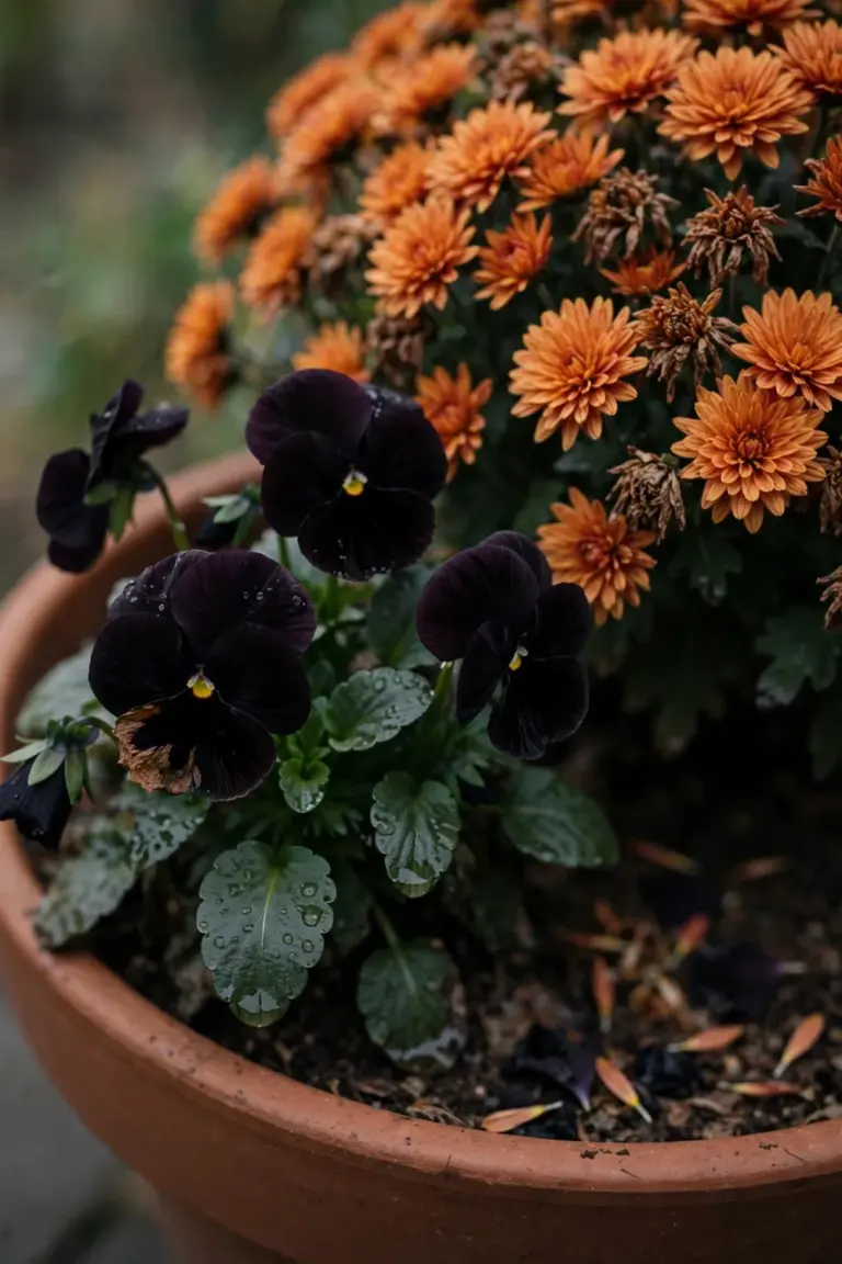 Near-black pansy flowers with tiny yellow eyes ringing a pot of bright orange mums