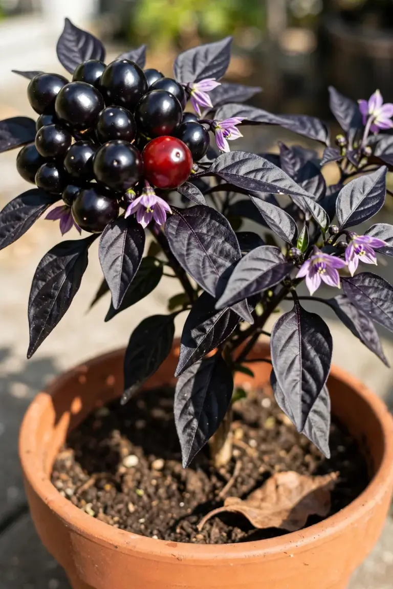 Glossy round black 'Black Pearl' peppers clustered on a dark purple-black pepper plant