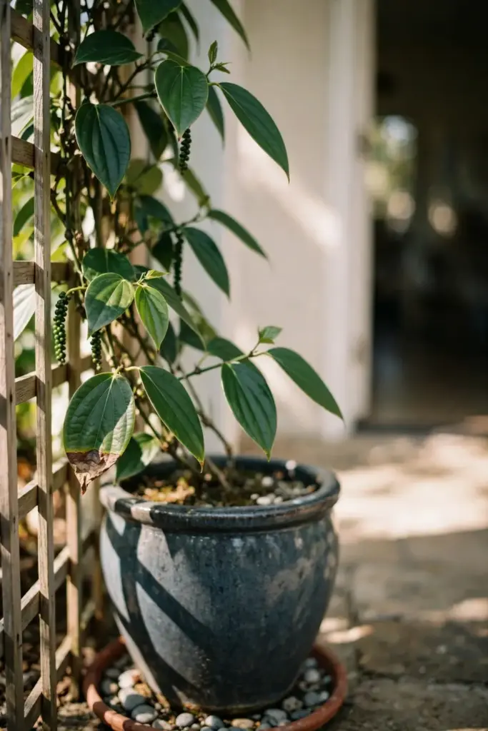 Potted black pepper vine on a patio with a house wall behind it