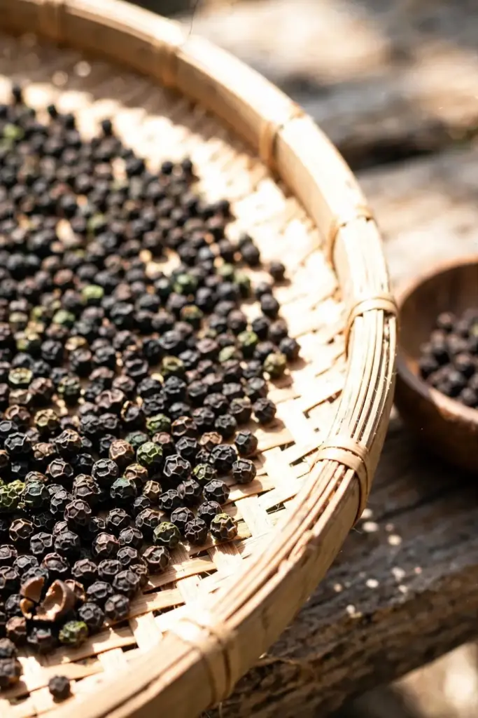 Black peppercorns drying in a thin layer on a woven tray in the sun