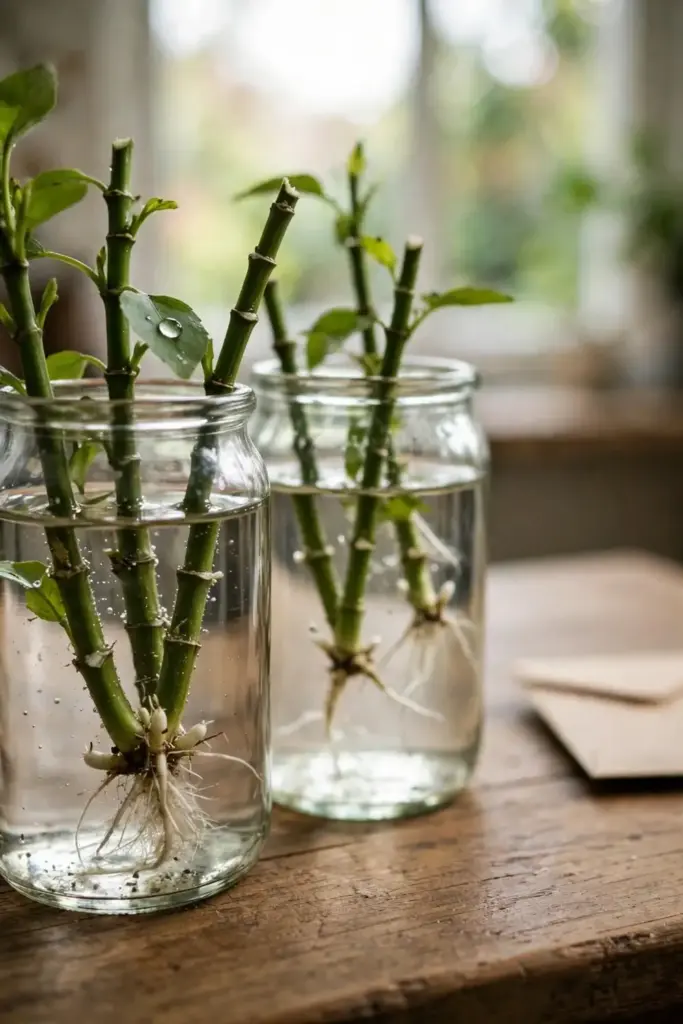 Black pepper stem cuttings rooting in water beside a small seed envelope