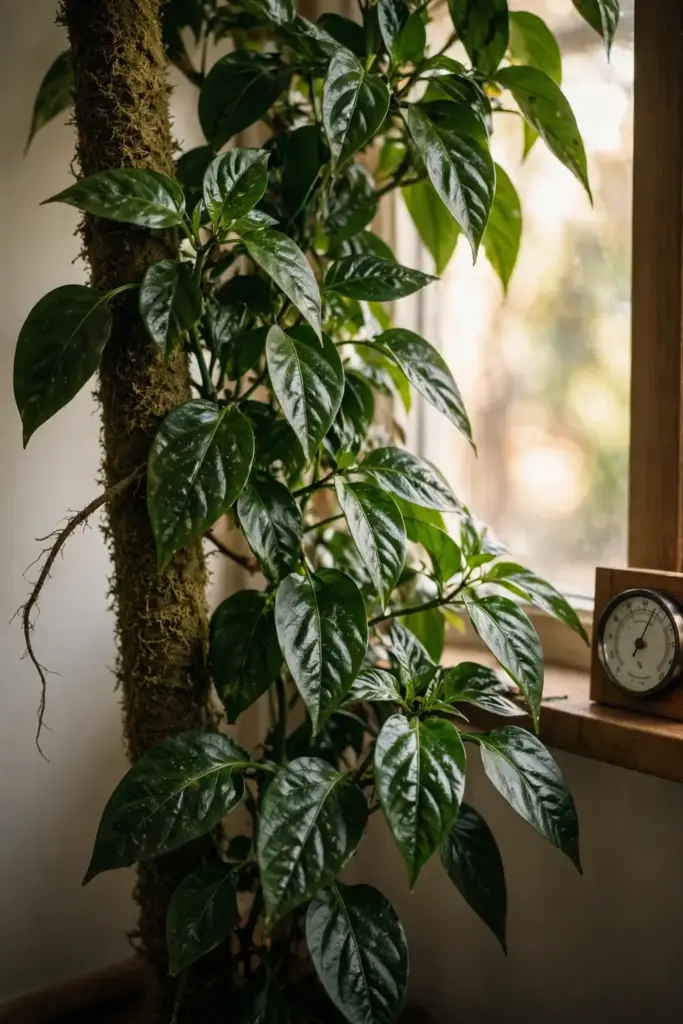 Healthy black pepper vine thriving beside a bright indoor window