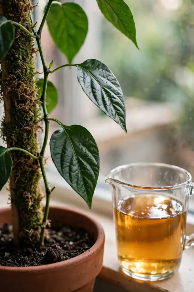 Liquid fertilizer being measured for a potted black pepper vine