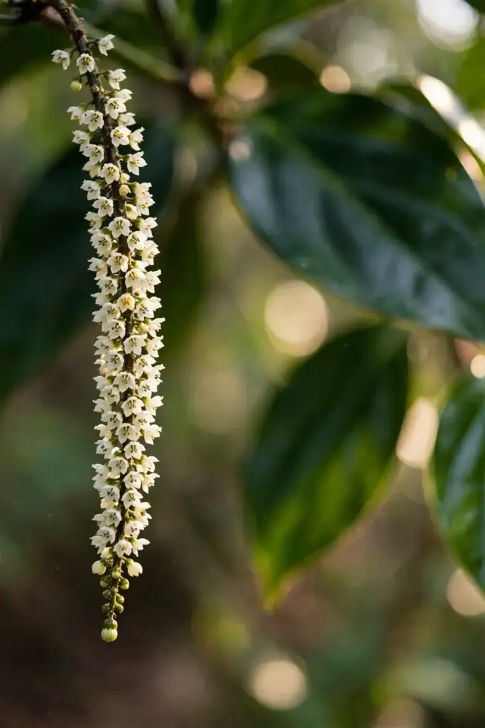 Pendulous flower spike with tiny white blooms on a black pepper vine