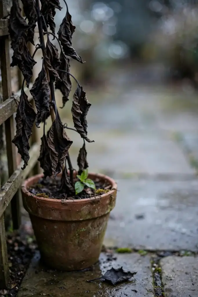 Frost-damaged black pepper vine with blackened leaves left outdoors too long