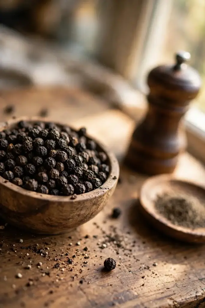 Freshly ground black pepper in a wooden bowl beside a pepper grinder