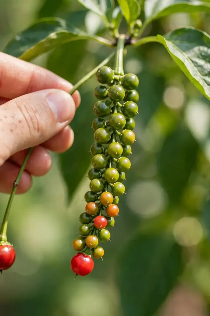 Ripe black pepper spikes with red berries ready for harvest on the vine