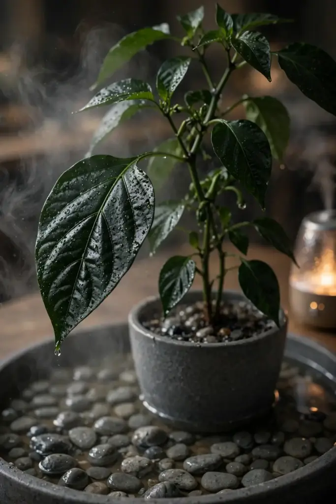 Black pepper vine on a pebble tray with fine mist in humid indoor air