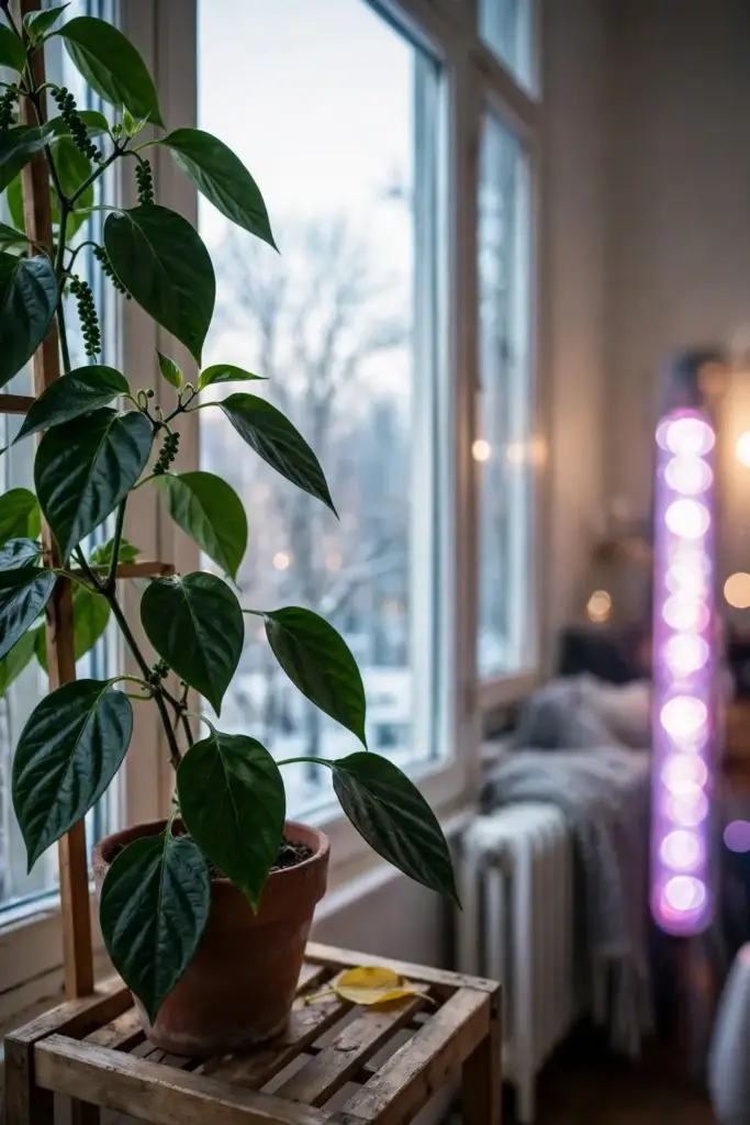 Potted black pepper vine overwintering in a bright south-facing window