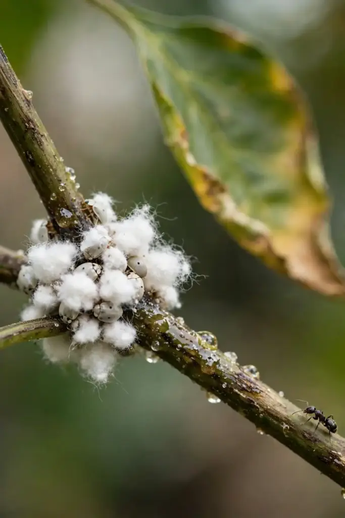 Mealybug cluster on a black pepper stem node close-up