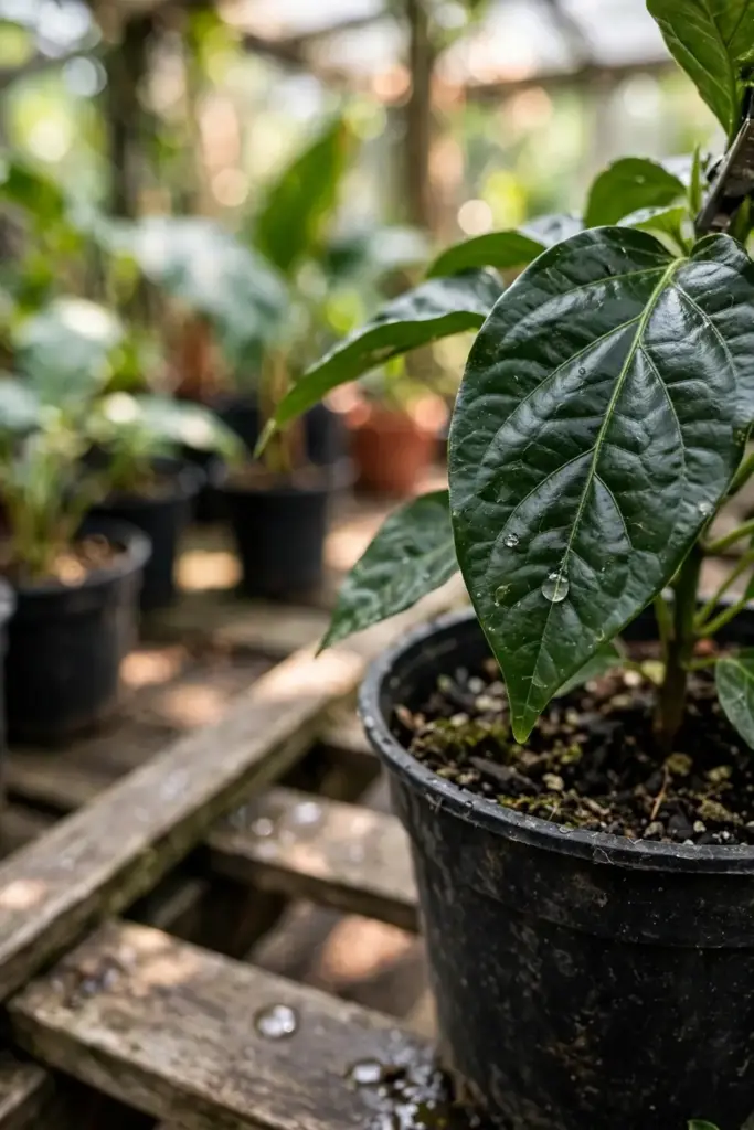 Young black pepper starter plant with glossy leaves in a nursery pot
