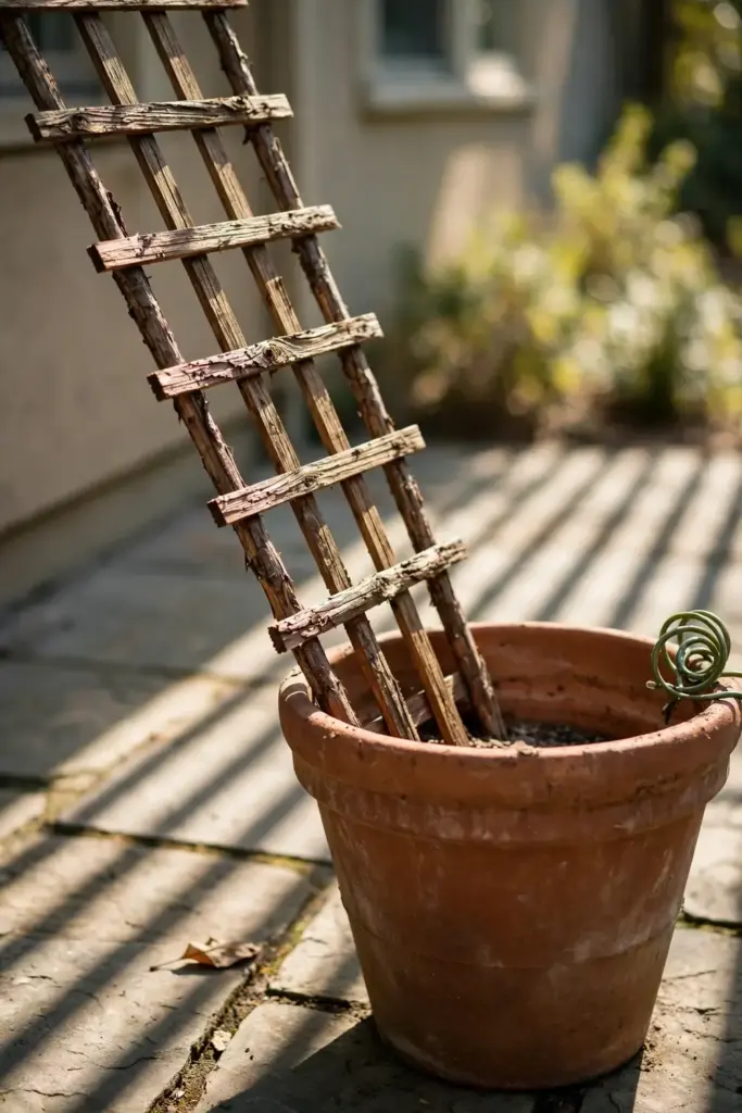 Large pot with wooden trellis set up for a young black pepper vine