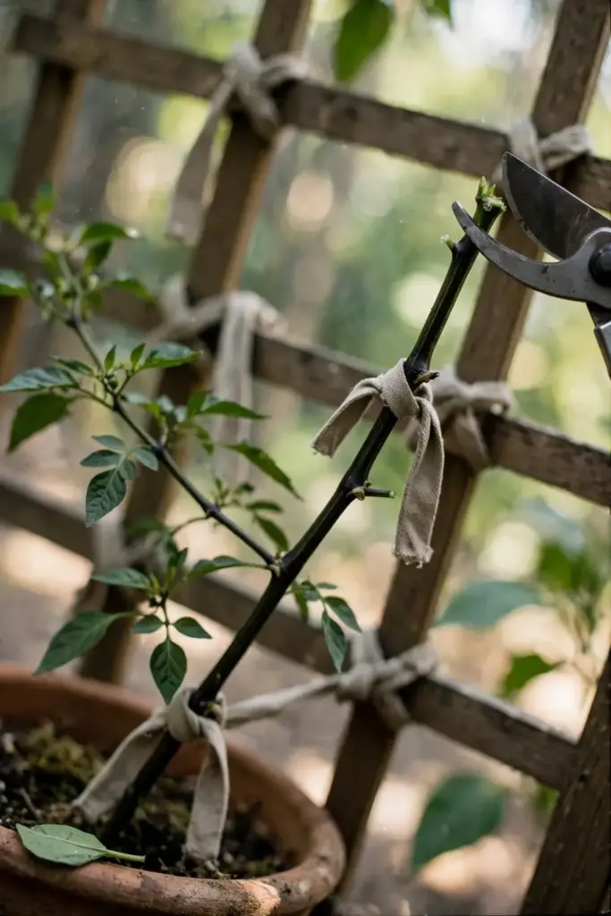 Pruning shears trimming the tip of a black pepper vine on its trellis
