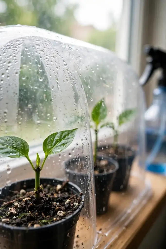 Black pepper cuttings under a clear humidity dome on a bright windowsill