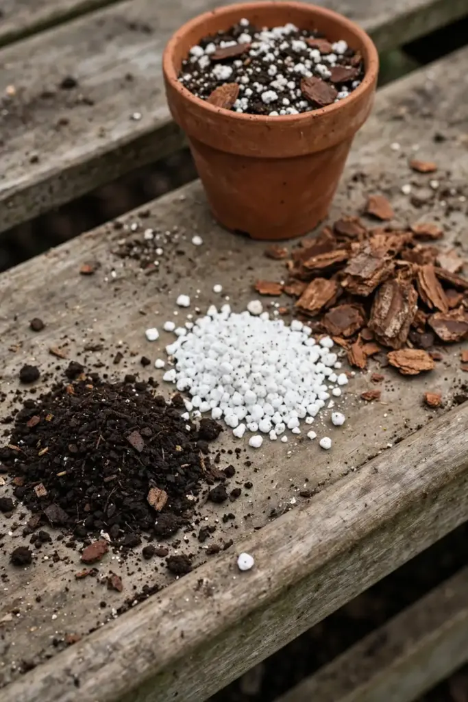 Potting soil, perlite, and bark chips blended for black pepper in a pot