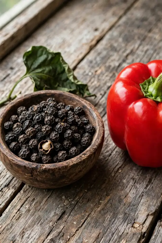 Black peppercorns beside a red bell pepper showing the two different plants