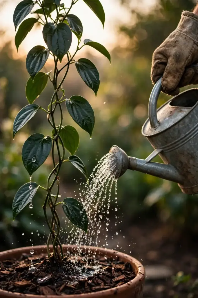 Watering a potted black pepper vine with a watering can at the root zone