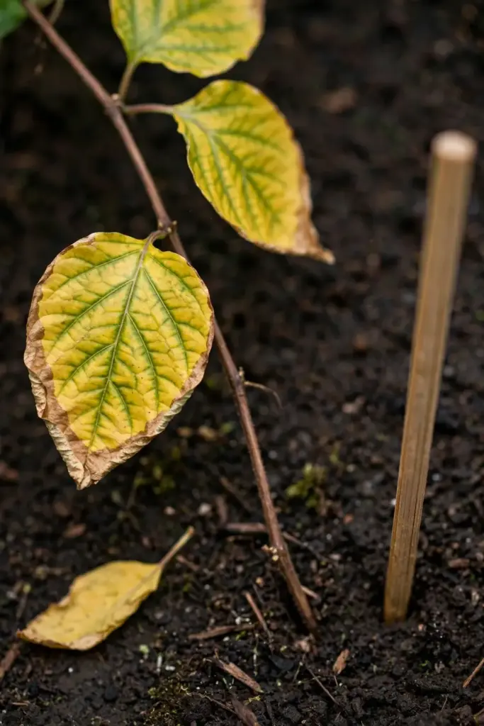 Black pepper vine with yellowing leaves held up for diagnosis indoors
