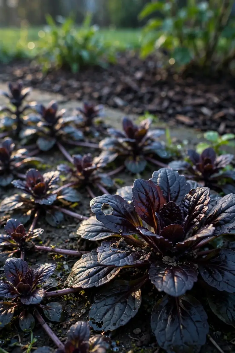 Glossy near-black scalloped ajuga leaves forming a low mat along a garden bed edge