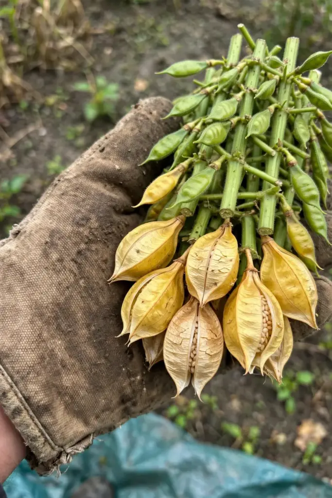 Hand holding cut sesame stems with yellowing lower pods ready for harvest