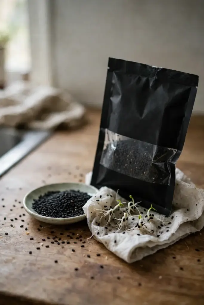 Black sesame seed packet beside a damp paper towel germination test with sprouting seeds