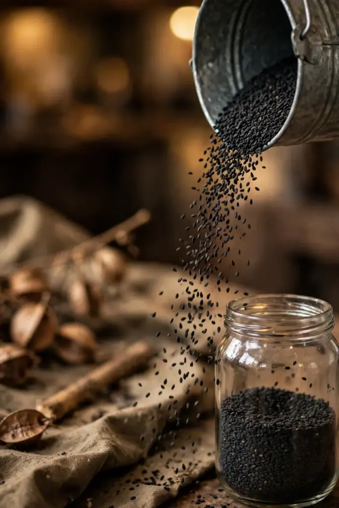 Black sesame seeds pouring from a bucket into a glass storage jar