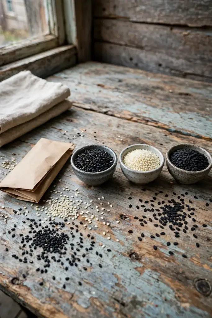 Small bowls of black sesame, white sesame, and nigella seeds side by side for comparison