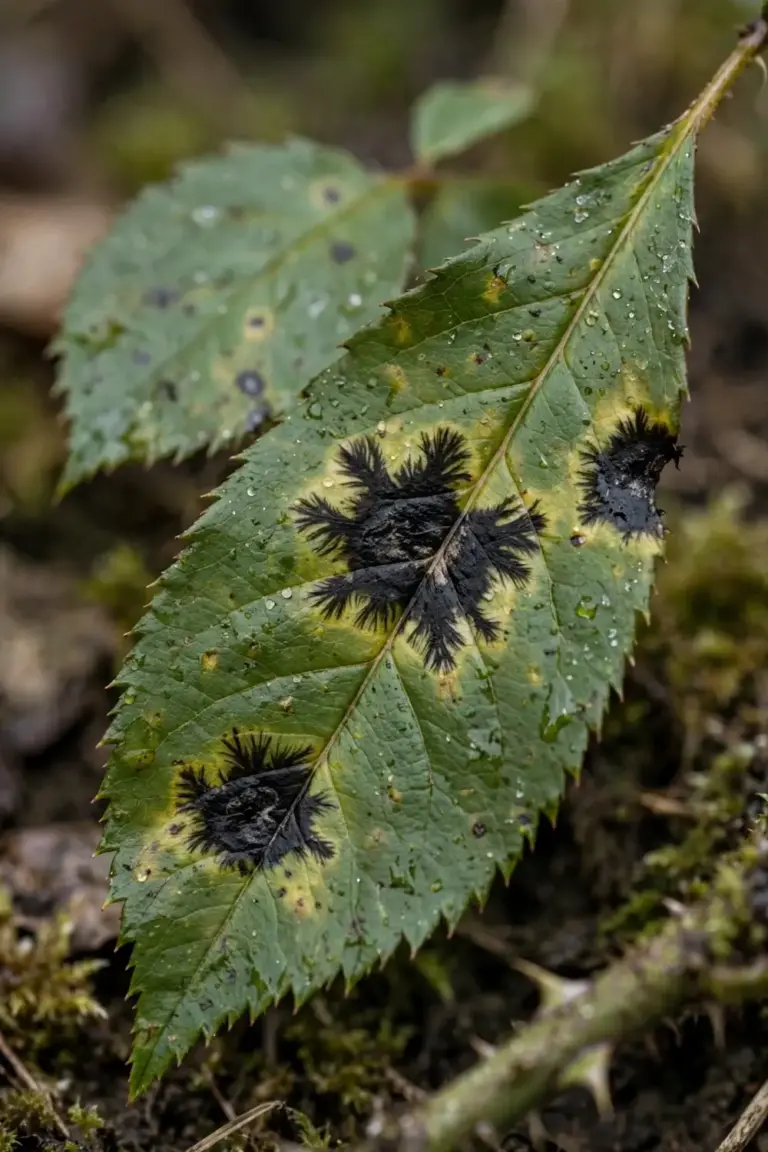 Rose leaf with circular black spot lesions and yellowing between the spots